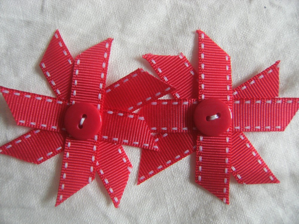Red Ribbon Flowers With Button Center - Gift Wrap, Decor, Papercraft, Sewing