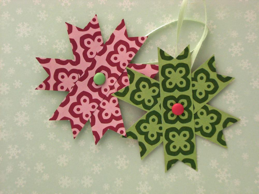Two Hanging Christmas Decorations - Set Of 2 Paper Stars, Pink And Green